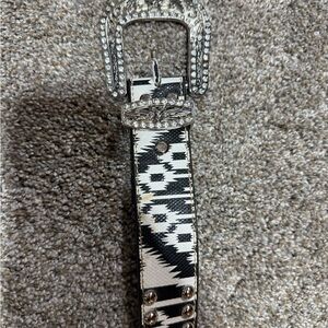 Black and White Pattern Leather Belt with Bling Buckle